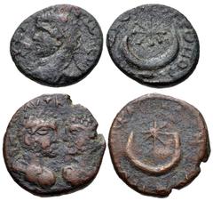 MESOPOTAMIA, Carrhae. Caracalla. AD 198-217. Lot of two (2) bronze coins. 1. (16mm, 3.19g, 6h). Radiate head of Caracalla left / Eight-rayed star above filleted crescent set on base. BMC -; SNG Copenh