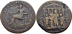 Gaius (Caligula). AD 37-41. Æ Sestertius (35mm, 26.35 g, 6h). Rome mint. Struck AD 37-38. Pietas seated left, holding patera and resting arm on small draped figure standing facing on basis / Gaius sta
