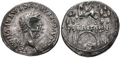 Claudius. AD 41-54. Fourrée Denarius (18mm, 2.54 g, 1h). Imitating a Rome mint issue of AD 46-47. Laureate head right / DE BRITANN on architrave of triumphal arch surmounted by equestrian statue left 