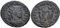 Julian of Pannonia. Usurper, AD 284-285. Antoninianus (22mm, 3.76 g, 6h). Siscia mint, 3rd officina. Struck December AD 284. Radiate, draped, and cuirassed bust right / The two Pannoniae standing faci