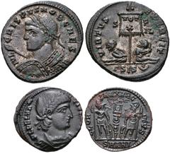 ROMAN. Imperial. Lot of two (2) Æ Folles of Crispus and Delmatius. Includes: Crispus. Caesar, AD 316-326. Æ Follis. Siscia mint. Struck AD 320. Laureate and cuirassed bust left, holding spear and shie