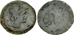 SPAIN, Ursone. Circa 150-100 BC. Æ As (29mm, 13.59 g, 12h). Helmeted male head right / Bear seated right. ACIP 2330; SNG BM Spain 1527-8. Fine, dark green patina. Very rare depiction of a bear on an a