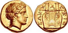 MACEDON, Chalkidian League. Circa 365-359 or 357-348 BC. AV Stater (17mm, 8.61 g, 12h). Olynthos mint. Head of Apollo right, wearing laurel wreath, with long hair in a single plait down the back of hi