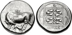 KORKYRA, Korkyra. Circa 350/30-290/70 BC. AR Stater (20mm, 10.48 g, 11h). Cow standing left, looking back at suckling calf standing right below; NE monogram above / Double stellate pattern divided by 