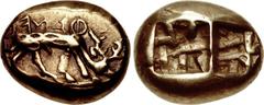 IONIA, Ephesos. Phanes. Circa 625-600 BC. EL Trite (14mm, 4.67 g). ΦANEOS (in retrograde archaic Greek), stag grazing right, its dappled coat indicated by indentations on the body / Two incuse punches