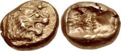 KINGS of LYDIA. Alyattes. Circa 610-560 BC. EL Hekte – Sixth Stater (10mm, 2.35 g). Sardes mint. Lion head right, sun with four rays on forehead / Two incuse square punches. Weidauer Group XV, 76-8; T