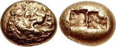 KINGS of LYDIA. Alyattes. Circa 610-560 BC. EL Trite – Third Stater (12mm, 4.71 g). Sardes mint. Confronted lion heads; WALWE[T] (in Lydian, retrograde) between / Two incuse square punches. Weidauer G