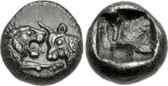 KINGS of LYDIA. Kroisos. Circa 560-546 BC. AR Hemihekte – Twelfth Stater (7mm, 0.65 g). Sardes mint. Struck circa 550-546 BC. Confronted foreparts of lion right and bull left / Rough incuse square. Be