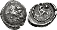 DYNASTS of LYCIA. Uncertain dynast. Circa 480/70-430 BC. AR Sixth Stater(?) (10mm, 1.51 g). Protodynastic group C. Pegasos flying left; pellet below; on convex round shield / Triskeles within pelleted