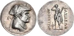 BAKTRIA, Greco-Baktrian Kingdom. Demetrios I Aniketos. Circa 200-185 BC. AR Tetradrachm (34mm, 16.71 g, 11h). Diademed and draped bust right, wearing elephant skin headdress / Herakles standing facing