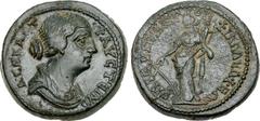 LYDIA, Philadelphia. Faustina Junior. Augusta, AD 147-175. Æ (26mm, 12.39 g, 6h). Eugenatos, magistrate. Draped bust right / Tyche standing left, holding rudder and cult statue. Unpublished in the sta
