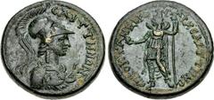 LYDIA, Saitta. Pseudo-autonomous issue. temp. Antonines, AD 138-192. Æ (25mm, 12.60 g, 6h). Okt. Kinbros, archon . Helmeted bust of Minerva right, wearing aegis / Mên standing left, crescent at should