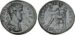 LYDIA, Tralles. Lucius Verus. AD 161-169. Æ (37mm, 24.42 g, 6h). Euarestos, magistrate. Laureate, draped, and cuirassed bust right / Zeus seated left, holding Nike and scepter. LS -; SNG on Aulock 328