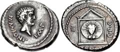 The Triumvirs. Mark Antony. 42 BC. AR Denarius (18mm, 3.89 g, 5h). Military mint traveling with Antony in Greece. Bearded bare head right / Facing head of Sol on disk within distyle temple. Crawford 4