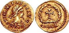 Julius Nepos. First reign, AD 474-475. AV Tremissis (14mm, 1.43 g, 6h). Ravenna mint. D N IVL NEPOS P F AVG, pearl-diademed, draped, and cuirassed bust right / Cross within wreath; COMOB. RIC X 3252 (