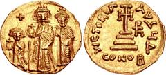 Heraclius, with Heraclius Constantine and Heraclonas. 610-641. AV Solidus (20mm, 4.38 g, 6h). Constantinople mint, 4th officina. Struck 632-635/6. Heraclonas, Heraclius, and Heraclius Constantine stan