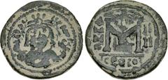 Heraclius. 610-641. Æ Follis (32mm, 16.37 g, 6h). Jerusalem mint. Dated RY 4 (613/4). Crowned and draped facing bust, holding mappa and eagle-tipped scepter / Large M; [cross above], [A/N]/N/O-II/II (