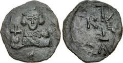 Justinian II. First reign, 685-695. Æ Half Follis (21mm, 1.94 g, 6h). Syracuse mint. Struck 686-688. Crowned and draped facing bust, holding globus cruciger / Large K integrated in monogram of Justini