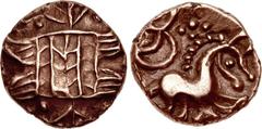 CELTIC, Iceni. Uninscribed. Circa 65-1 BC. AV Quarter Stater (11mm, 1.07 g). Irstead ‘Smiler’ type. Struck circa 45-40 BC. Elaborate wreath motif / Horse right; voided crescent above, pellets around. 