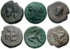 SICILY, Syracuse. Estimate $300 SICILY, Syracuse. Lot of three Æ. The first two of Timoleon. 344-336 BC. Æ 20mm (6.01 gm). Laureate head of Zeus left / Triskeles. Calciati II pg. 191, 82; SNG ANS -. F