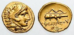 MACEDON, Kings of. Philip II. Estimate $1000  MACEDON, Kings of. Philip II. 359-336 BC. AV Quarter Stater (2.05 gm). Pella mint. Circa 340-328 BC. Head of Herakles right, wearing lion's skin headdress