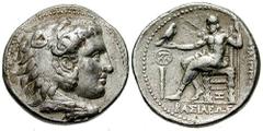 MACEDON, Kings of. Philip III. Estimate $200  MACEDON, Kings of. Philip III. 323-317 BC. AR Tetradrachm (17.24 gm). Aradus mint. Head of Herakles right, wearing lion's skin headdress / Zeus seated lef
