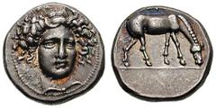 THESSALY, Larissa. Estimate $750 THESSALY, Larissa. Circa 344-321 BC. AR Drachm (6.15 gm). Head of the nymph Larissa facing slightly right / Horse grazing right. Lorber Group Four, Head Type 23, 71.4 