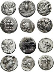 MYSIA, Lampsakos. Estimate $300 MYSIA, Lampsakos. Circa 390-330 BC. AR Diobol (1.34 gm). Janiform female head, with circular earring; neck terminates in dolphin facing right / Helmeted head of Athena.