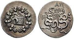 MYSIA, Pergamon. Estimate $300 MYSIA, Pergamon. Circa 76 BC. AR Cistophoric Tetradrachm (11.87 gm). Cista mystica with serpent; all within ivy wreath / Bow-case with serpents; snake-entwined staff to 