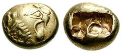 LYDIA, Kings of. Uncertain King. Estimate $600 LYDIA, Kings of. Uncertain King. Before 561 BC. EL Third Stater - Trite (4.76 gm). Head of roaring lion right, knob with four rays on forehead / Double i
