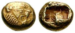 LYDIA, Kings of. Uncertain King. Estimate $600 LYDIA, Kings of. Uncertain King. Before 561 BC. EL Third Stater - Trite (4.72 gm). Head of roaring lion right, knob with four rays on forehead / Double i