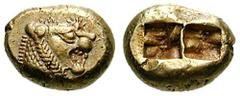 LYDIA, Kings of. Uncertain King. Estimate $750 LYDIA, Kings of. Uncertain King. Before 561 BC. EL Third Stater - Trite (4.72 gm). Head of roaring lion right, knob with multiple rays on forehead / Doub