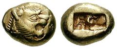 LYDIA, Kings of. Uncertain King. Estimate $750 LYDIA, Kings of. Uncertain King. Before 561 BC. EL Third Stater - Trite (4.62 gm). Head of roaring lion right, knob with multiple rays on forehead / Doub