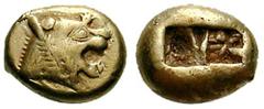 LYDIA, Kings of. Uncertain King. Estimate $500 LYDIA, Kings of. Uncertain King. Before 561 BC. EL Third Stater - Trite (4.72 gm). Head of roaring lion right, knob with multiple rays on forehead / Doub