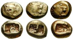 LYDIA, Kings of. Uncertain King. Estimate $500  LYDIA, Kings of. Uncertain King. Before 561 BC. Lot of 2 EL Third Staters. Head of roaring lion right, knob with multiple rays on forehead / Double incu