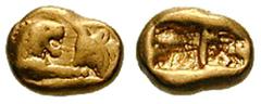 LYDIA, Kings of. Kroisos. Estimate $750 LYDIA, Kings of. Kroisos. 561-546 BC or later. AV Sixth Stater (1.76 gm). Heavy Series. Struck at Sardes. Confronted foreparts of lion facing right and bull fac