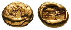 LYDIA, Kings of. Time of Kroisos. Estimate $1000 LYDIA, Kings of. Time of Kroisos. Circa 550-520 BC. AV Sixth Stater (1.32 gm). Light Series. Confronted foreparts of a roaring lion and a bull / Incuse