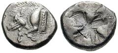 LYCIA, Dynasts of. Uncertain. Estimate $150 LYCIA, Dynasts of. Uncertain. Circa 520-480 BC. AR Stater (8.78 gm). Forepart of boar left / Incuse punch, diagonally divided. Cf. BMC Lycia pl. 1, 5. VF. (