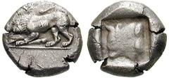 LYCIA, Dynasts of. Uncertain. Estimate $300  LYCIA, Dynasts of. Uncertain. Circa 500-460 BC. AR Stater (9.24 gm). Lion standing left, devouring the leg of another animal / Bull's head left within incu