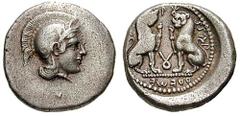 LYCIA, Dynasts of. Vekhssere II and Urvei. Estimate $500 LYCIA, Dynasts of. Vekhssere II and Urvei. Circa 420-400 BC. AR Drachm (4.19 gm). Helmeted head of Athena right / Two seated lions facing one a
