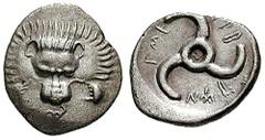LYCIA, Dynasts of. Trbbenimi. Estimate $300  LYCIA, Dynasts of. Trbbenimi. Circa 380-370 BC. AR 1/3rd Stater (3.09 gm). Facing lion's scalp; triskeles below / Triskeles; dynast's name around. Mørkhom 