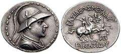 BAKTRIA, Graeco-Baktrian Kings. Eukratides I. Estimate $500 BAKTRIA, Graeco-Baktrian Kings. Eukratides I. Circa 171-145 BC. AR Tetradrachm (16.64 gm). Helmeted, diademed and draped bust right / The Di