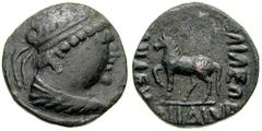 BAKTRIA, Indo-Greek Kings. Imitation of Heliokles I. Estimate $100 BAKTRIA, Indo-Greek Kings. Imitation of Heliokles I. Circa 80-1 BC. Æ Tetradrachm (15.71 gm). Diademed bust right / Horse left. Senio