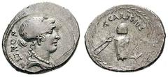 T. Carisius. Estimate $150 T. Carisius. Circa 46 BC. AR Denarius (4.07 gm). Head of Juno right / T. CARISIVS above minting implements, all within wreath: wreathed cap of Vulcan, resembling reverse die