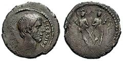 L. Servius Rufus. Estimate $750  L. Servius Rufus. 41 BC. AR Denarius (3.61 gm). Bare head of Brutus right / The Dioscuri standing facing. Crawford 515/2; Sear, CRI 324; Sydenham 1082; Sulpicia 10. To