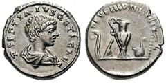 GETA, as Caesar. Estimate $150 GETA, as Caesar. 202 AD. AR Denarius (3.86 gm). Laodicea mint. Bare head and draped bust right, seen from behind / SEVERI PII AVG FEL, lituus, vase, knife and simpulum. 