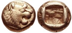 KINGS of LYDIA. Alyattes. Circa 610-560 BC. EL Hemihekte – 1/12 Stater (6mm, 1.15 g). Sardes mint. Head of roaring lion right, knob on forehead / Incuse square punch. Weidauer 90; Rosen 654; SNG Kayha
