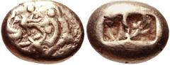 KINGS of LYDIA. Alyattes(?). Circa 610-560 BC. EL Trite – 1/3 Stater (13mm, 4.70 g). Sardes mint. Confronted lion heads (only the left-facing entirely, with knob on forehead) / Two incuse square punch