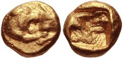 KINGS of LYDIA. Kroisos. Circa 560-546 BC. AV 1/12 Stater (5mm, 0.65 g). Light series. Sardes mint. Struck circa 550-546 BC. Confronted foreparts of lion and bull / Incuse square punch. Walburg Group 