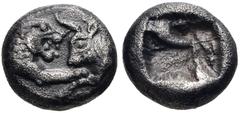 KINGS of LYDIA. Kroisos. Circa 560-546 BC. AR 1/12 Stater (7mm, 0.84 g). Sardes mint. Struck circa 550-546 BC. Confronted foreparts of lion and bull / Incuse punch. Berk 26-7; SNG Kayhan 1020. VF, ton